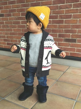 「カウチンセーター」｜「アイテム（ニットキャップ/ビーニー）」を使った、あお02さん（キッズ・80cm）の冬コーディネート