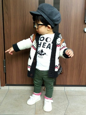 「カウチンセーター」｜「アイテム（キャスケット）」を使った、あお02さん（キッズ・80cm）の春コーディネート