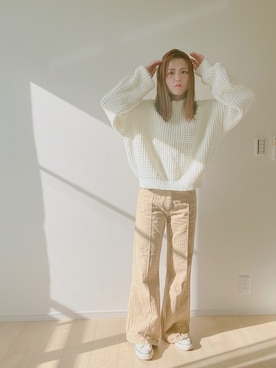 「Ungrid（アングリッド）のワッフルデザインニット（ニット/セーター、ホワイト系）」を使った、びばさん（レディース・157cm）の秋コーディネート