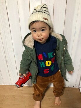 「BRANSHES（ブランシェス）のアイテム（ニットキャップ/ビーニー、ホワイト系）」を使った、りっちゃん＊さん（キッズ）の秋コーディネート