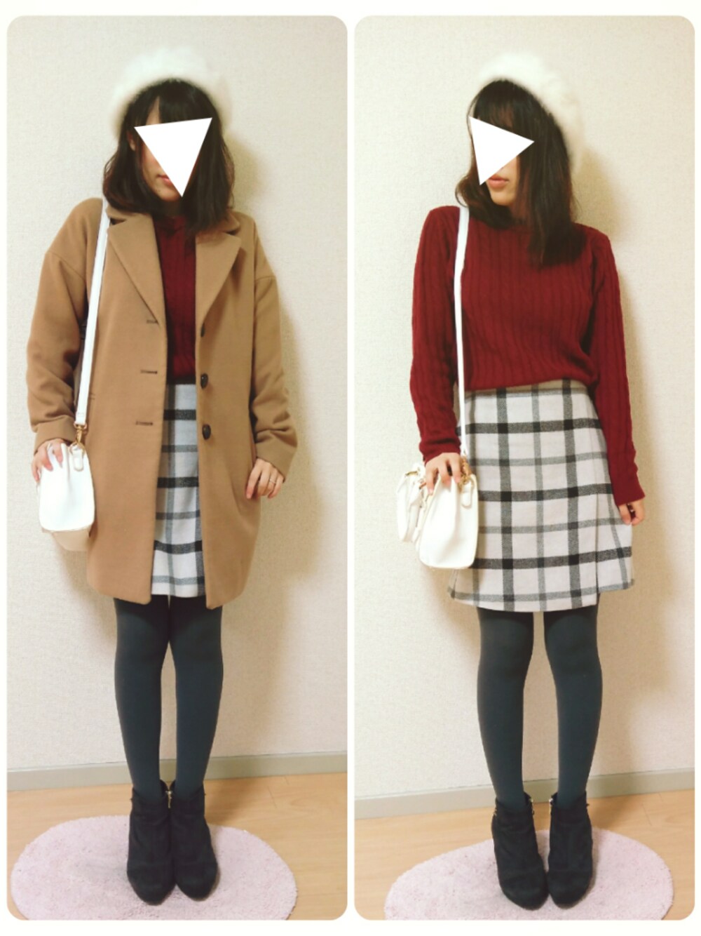 「UNIQLO、ニット、ベレー帽、スカート、チェスターコート、ボルドー」｜「メルカリのアイテム（ハンチング/ベレー帽、ホワイト系）」を使った、Saltさん（レディース・152cm）の冬コーディネートの1枚目の写真
