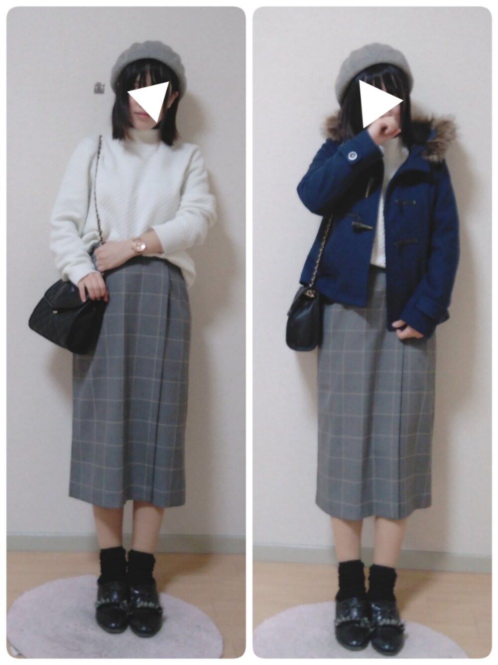「プチプラ、メンズライク、ニット、グレンチェック、ユニクロ、ベレー帽、ダッフルコート」｜「no brandのアイテム（ハンチング/ベレー帽、グレー系）」を使った、Saltさん（レディース・152cm）の冬コーディネートの1枚目の写真