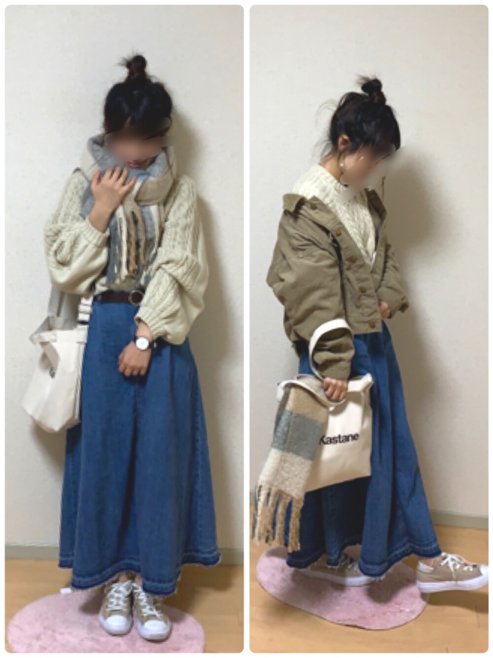 「ニット、ベージュ、低身長、プチプラのあや」｜「しまむらのアイテム（ニット/セーター、ホワイト系）」を使った、Saltさん（レディース・152cm）の秋コーディネートの1枚目の写真