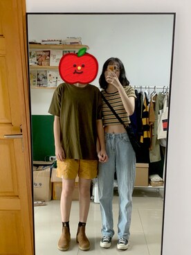 「アイテム（カーゴパンツ、イエロー系）」を使った、李困你醒醒さん（レディース・165cm）の秋コーディネート