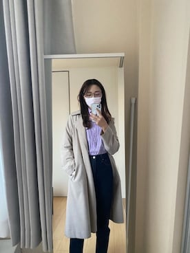 「UNIQLO（ユニクロ）のハイライズストレートジーンズ(丈標準72cm）（デニムパンツ）」を使った、miyu02zさん（レディース・166cm）の冬コーディネート