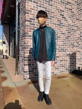 「no brand（ノーブランド）のアイテム（ライダースジャケット）」を使った、Yu-kunさん（メンズ・174cm）の冬コーディネート