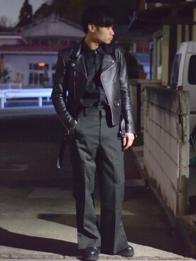 「JOHN LAWRENCE SULLIVAN（ジョンローレンスサリバン）のアイテム（ライダースジャケット）」を使った、あきらさん（メンズ・163cm）の冬コーディネート