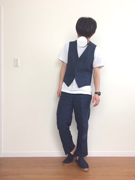 「アイテム（スリッポン、ブルー系）」を使った、おやびんさん（メンズ・170cm）の春コーディネート