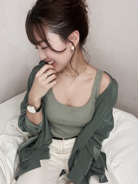 「LOWRYS FARM（ローリーズファーム）のスクエアタンク　868751（タンクトップ、グリーン系）」を使った、まゆぴぴさん（レディース・158cm）の春コーディネート