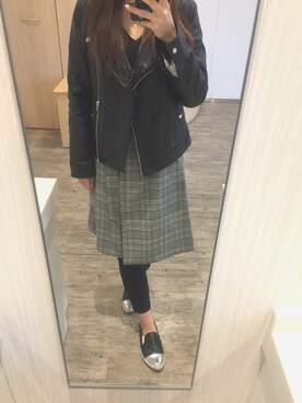 「グレンチェック」｜「アイテム（ライダースジャケット）」を使った、m❤︎さん（レディース・154cm）の秋コーディネート