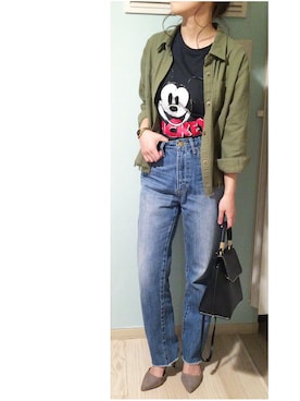 「AZUL by moussy（アズールバイマウジー）のｶｯﾄｵﾌﾎﾞｰｲﾌｨｯﾄﾃﾞﾆﾑﾊﾟﾝﾂ（デニムパンツ）」を使った、chieさん（レディース・150cm）の春コーディネート