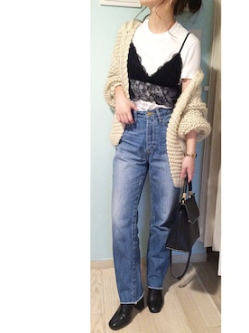 「AZUL by moussy（アズールバイマウジー）のｶｯﾄｵﾌﾎﾞｰｲﾌｨｯﾄﾃﾞﾆﾑﾊﾟﾝﾂ（デニムパンツ）」を使った、chieさん（レディース・150cm）の春コーディネート