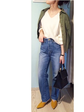 「AZUL by moussy（アズールバイマウジー）のｶｯﾄｵﾌﾎﾞｰｲﾌｨｯﾄﾃﾞﾆﾑﾊﾟﾝﾂ（デニムパンツ）」を使った、chieさん（レディース・150cm）の春コーディネート