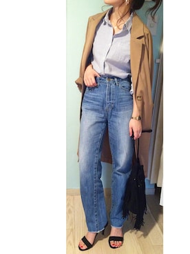 「AZUL by moussy（アズールバイマウジー）のｶｯﾄｵﾌﾎﾞｰｲﾌｨｯﾄﾃﾞﾆﾑﾊﾟﾝﾂ（デニムパンツ）」を使った、chieさん（レディース・150cm）の春コーディネート