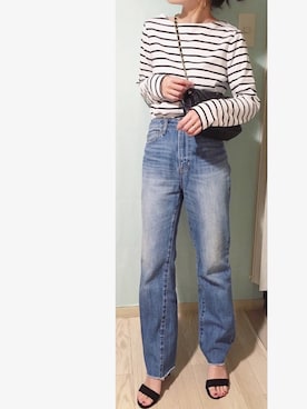 「AZUL by moussy（アズールバイマウジー）のｶｯﾄｵﾌﾎﾞｰｲﾌｨｯﾄﾃﾞﾆﾑﾊﾟﾝﾂ（デニムパンツ）」を使った、chieさん（レディース・150cm）の秋コーディネート