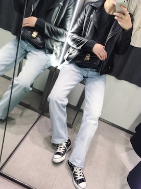 「リーバイス501」｜「アイテム（ライダースジャケット）」を使った、chieさん（レディース・150cm）の秋コーディネート