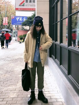 「MUJI」｜「アイテム（ニットキャップ/ビーニー）」を使った、大蕾さん（レディース・163cm）の冬コーディネート