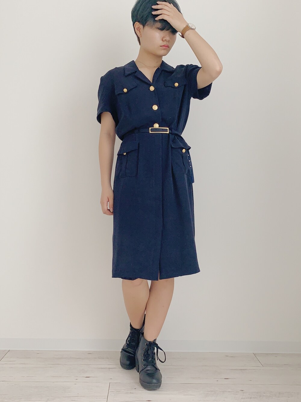「おしゃれさんと繋がりたい、ワンピース、古着、古着MIX、古着コーデ、VINTAGE、ショートヘア、ショート女子」｜「古着のアイテム（ワンピース、ブルー系）」を使った、ぽんさん（レディース・155cm）の夏コーディネートの1枚目の写真