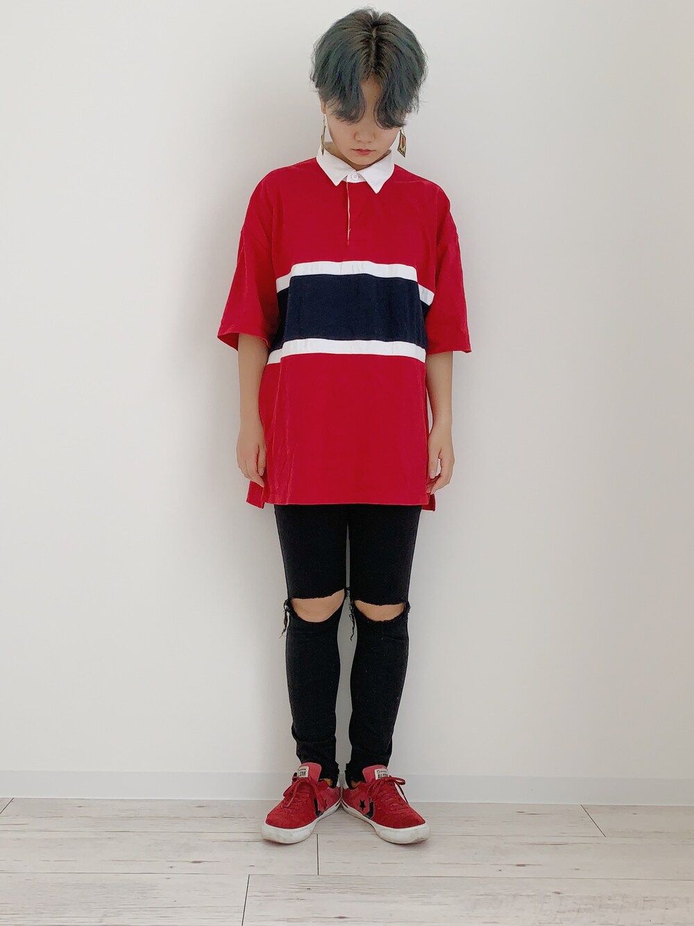 「summer、GU、handmade、VINTAGE、ワッペン、ダメージスキニー、ショートヘア、ショート女子」｜「GUのアイテム（パンツ、ブラック系）」を使った、ぽんさん（レディース・155cm）の夏コーディネートの1枚目の写真