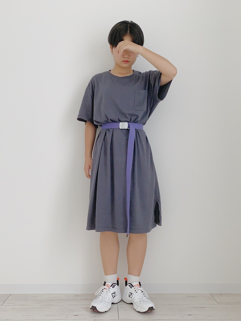 「summer、ワンピース、ガチャベルト、ショートヘア、ショート女子、韓国ファッション、韓国好きな人と繋がりたい」｜「WEGOのWEGO/パステルガチャベルト（ベルト、パープル系）」を使った、ぽんさん（レディース・155cm）の夏コーディネートの1枚目の写真