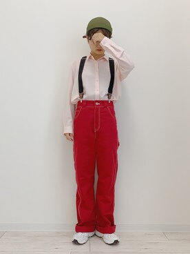 サスペンダーを使った「赤パンツ」の人気ファッションコーディネート 