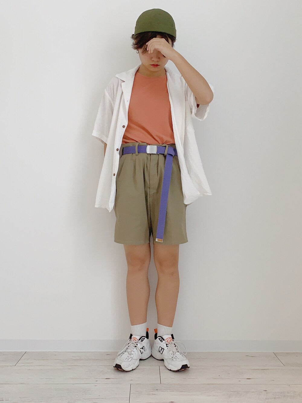 「summer、古着、古着MIX、古着コーデ、VINTAGE、ハーフパンツ、帽子、ショートヘア、ショート女子」｜「古着のアイテム（シャツ/ブラウス、ピンク系）」を使った、ぽんさん（レディース・155cm）の秋コーディネートの1枚目の写真