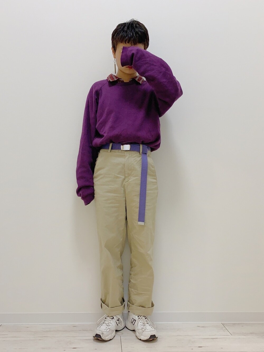 「autumn、winter、A/W、ロンT、古着、古着MIX、古着コーデ、VINTAGE、ショートヘア、ショート女子」｜「古着のアイテム（Tシャツ/カットソー、パープル系）」を使った、ぽんさん（レディース・155cm）の秋コーディネートの1枚目の写真