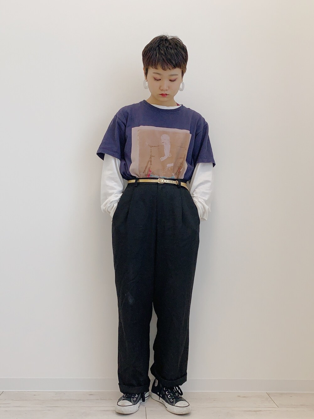 「古着、古着MIX、古着コーデ、古着女子、古着好きな人と繋がりたい、VINTAGE、スラックス、ロンT、秋のコーデ」｜「古着のアイテム（その他パンツ、ブラック系）」を使った、ぽんさん（レディース・155cm）の秋コーディネートの1枚目の写真