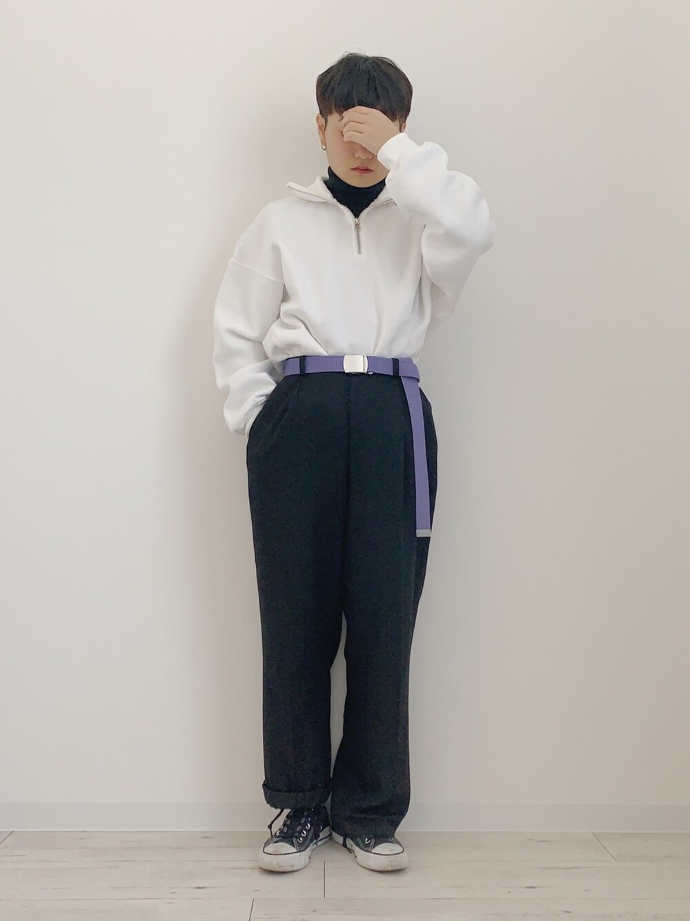 「古着、古着MIX、古着コーデ、古着好きな人と繋がりたい、VINTAGE、タートルネック、ショート女子、ショートヘア」｜「GUのアイテム（スウェット、ホワイト系）」を使った、ぽんさん（レディース・155cm）の冬コーディネートの1枚目の写真