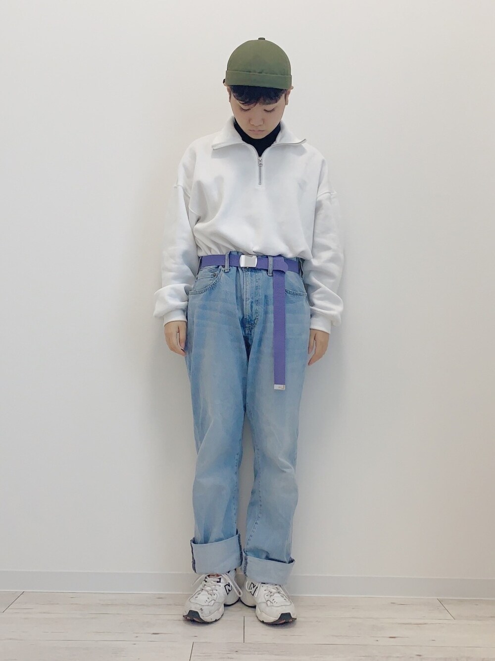 「古着、古着MIX、GU、GUコーデ、タートルネック、デニムパンツ、ショートヘア、ショート女子、どんぐり帽」｜「GUのアイテム（デニムパンツ、ブルー系）」を使った、ぽんさん（レディース・155cm）の冬コーディネートの1枚目の写真