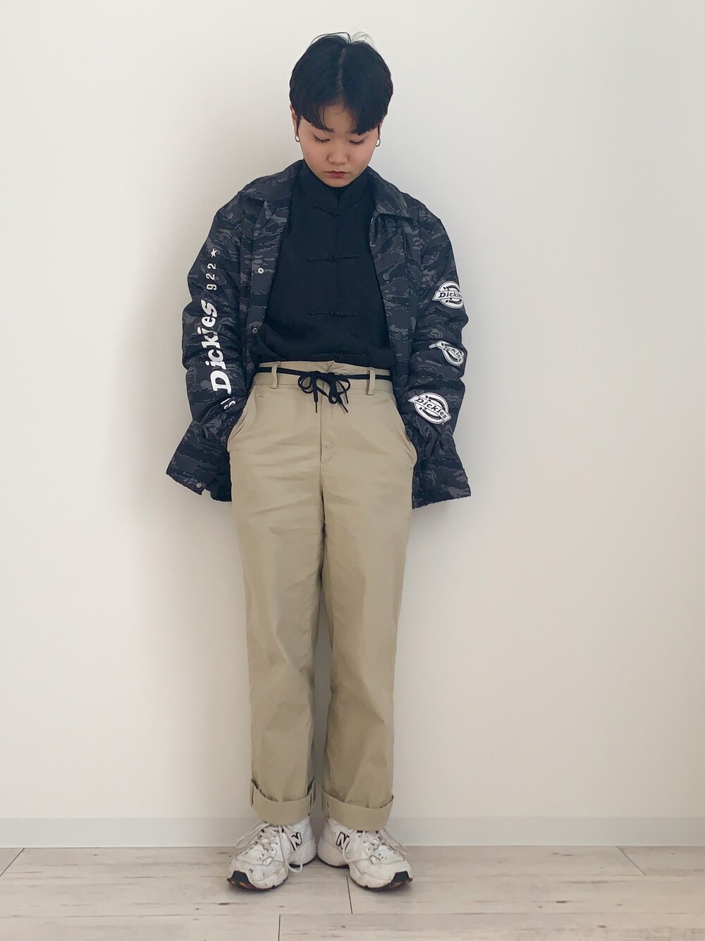 「冬アウター着回しチャレンジ、VINTAGE、古着、古着MIX、古着コーデ、冬コーデ、冬、ショートヘア、ショート女子」｜「Dickiesのアイテム（ジャケット/アウター、ブラック系）」を使った、ぽんさん（レディース・155cm）の冬コーディネートの1枚目の写真