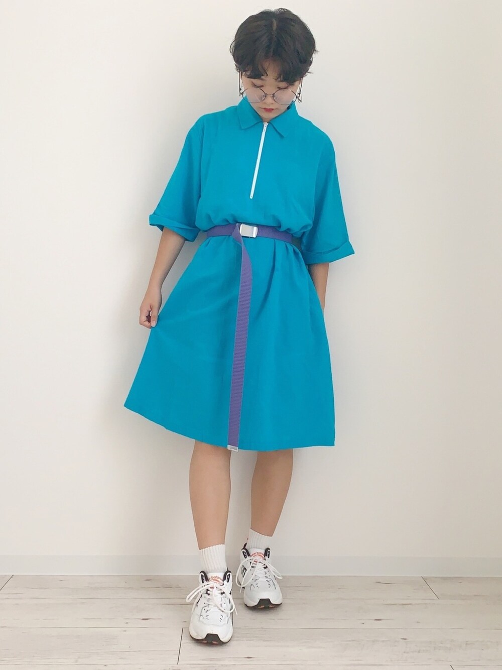 「summer、古着、古着MIX、古着コーデ、VINTAGE、海、海コーデ、ショートヘア、ショート女子、メガネ女子」｜「古着のアイテム（ワンピース、ブルー系）」を使った、ぽんさん（レディース・155cm）の夏コーディネートの1枚目の写真