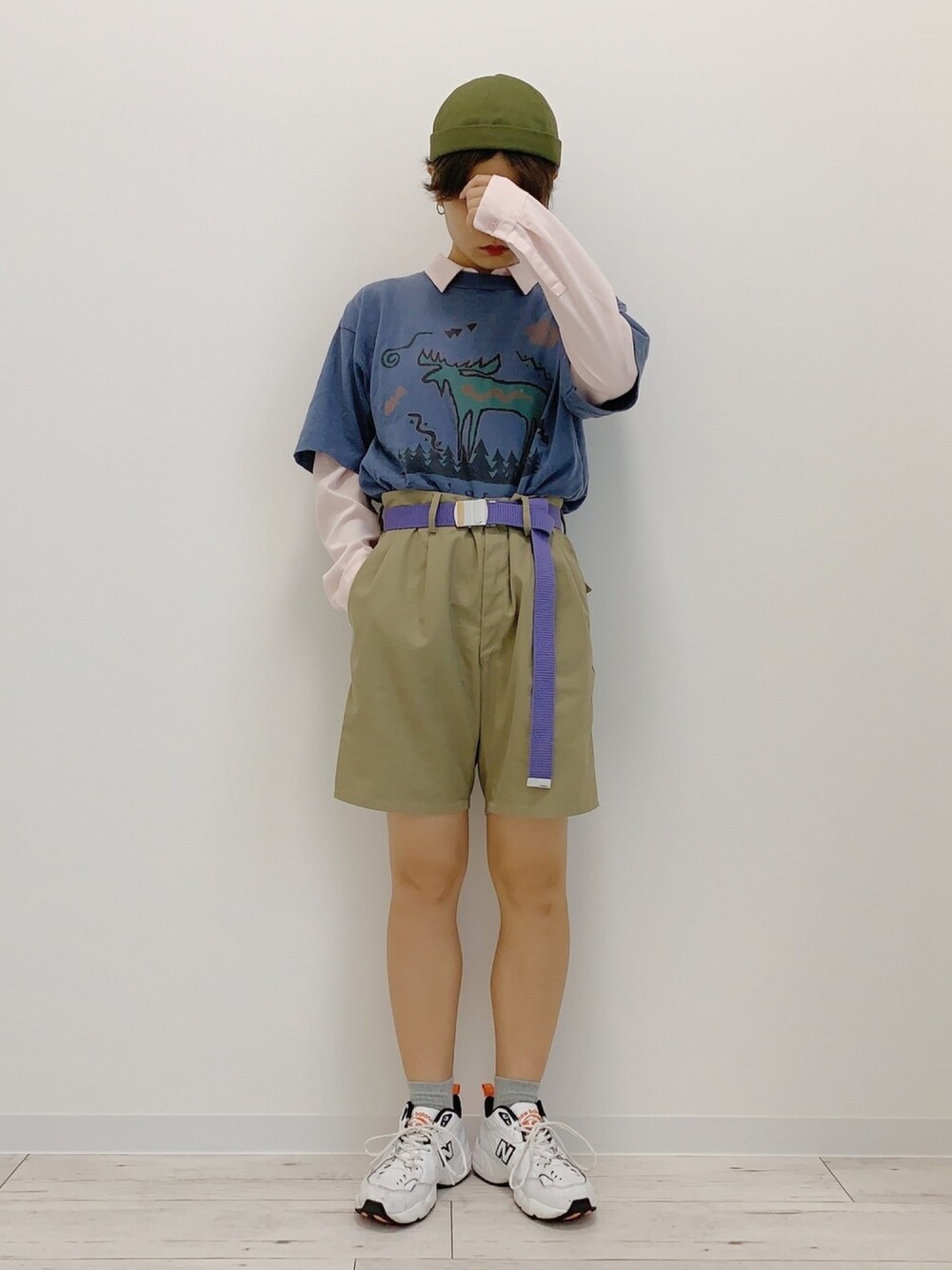 「summer、ロゴT、古着、古着MIX、古着コーデ、古着好きな人と繋がりたい、VINTAGE、ハーフパンツ、ショートヘア、ショート女子」｜「古着のアイテム（帽子、グリーン系）」を使った、ぽんさん（レディース・155cm）の夏コーディネートの1枚目の写真