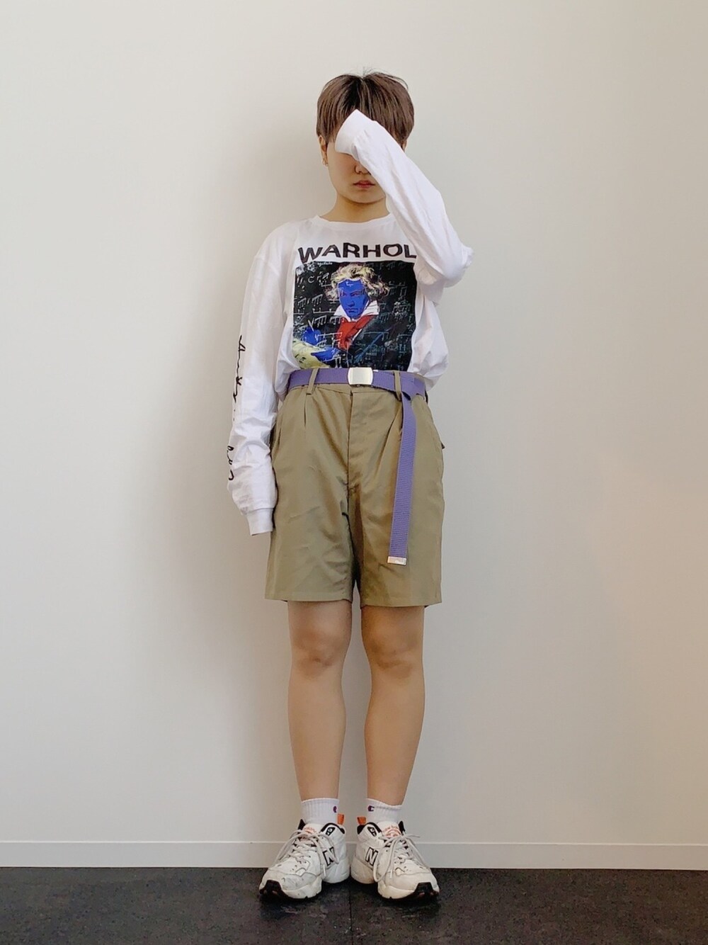 「VINTAGE、古着、古着MIX、古着コーデ、古着好きな人と繋がりたい、ハーフパンツ、ロンT、ショートヘア、ショート女子、ZARA」｜「古着のアイテム（その他パンツ、ベージュ系）」を使った、ぽんさん（レディース・156cm）の夏コーディネートの1枚目の写真