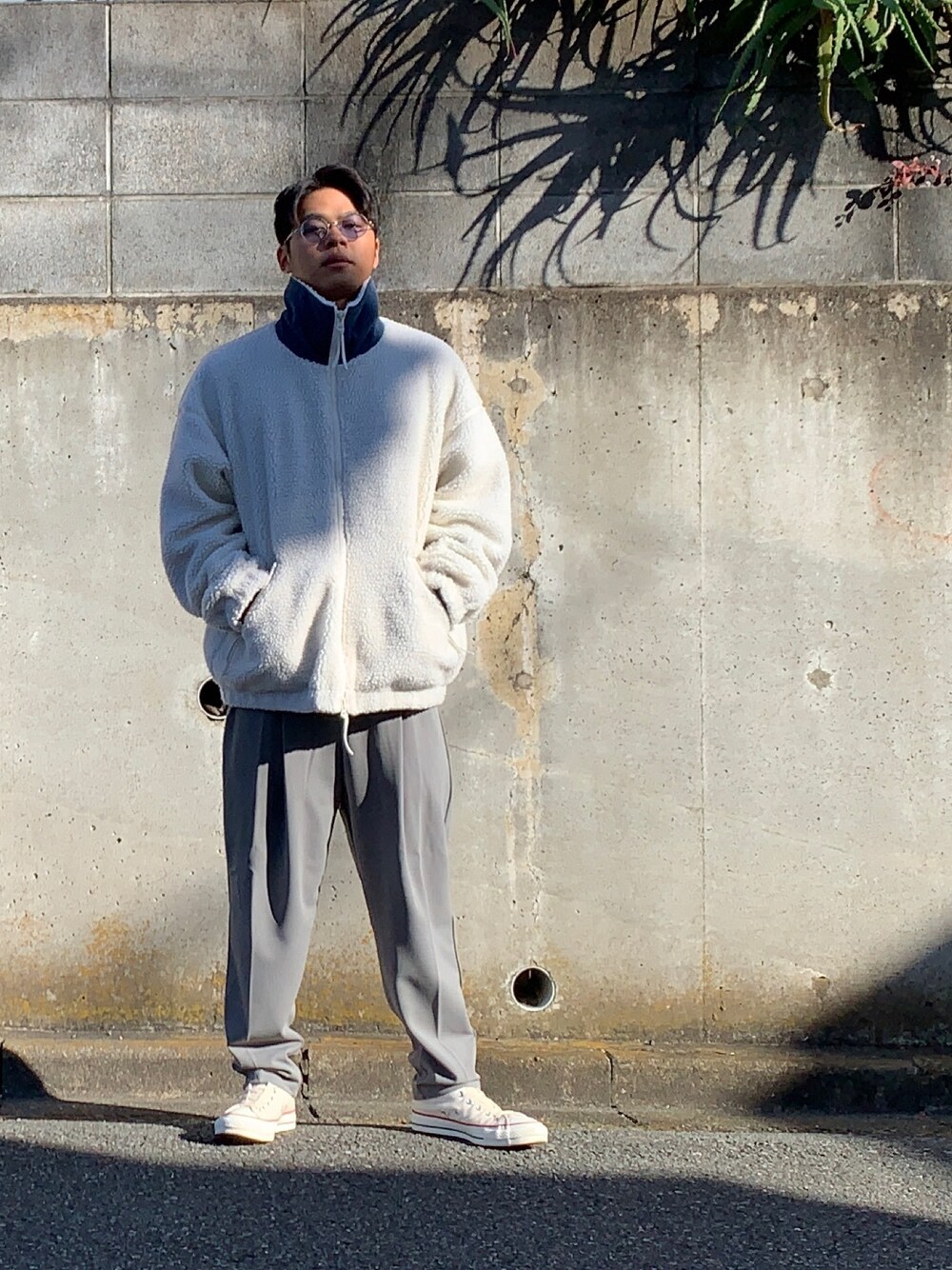 「冬コーデ、ボアジャケット、ootd、order、ストリート」｜「orderのorder loose boa zip blouson（ブルゾン、ホワイト系）」を使った、yukito saitoさん（メンズ・164cm）の冬コーディネートの1枚目の写真