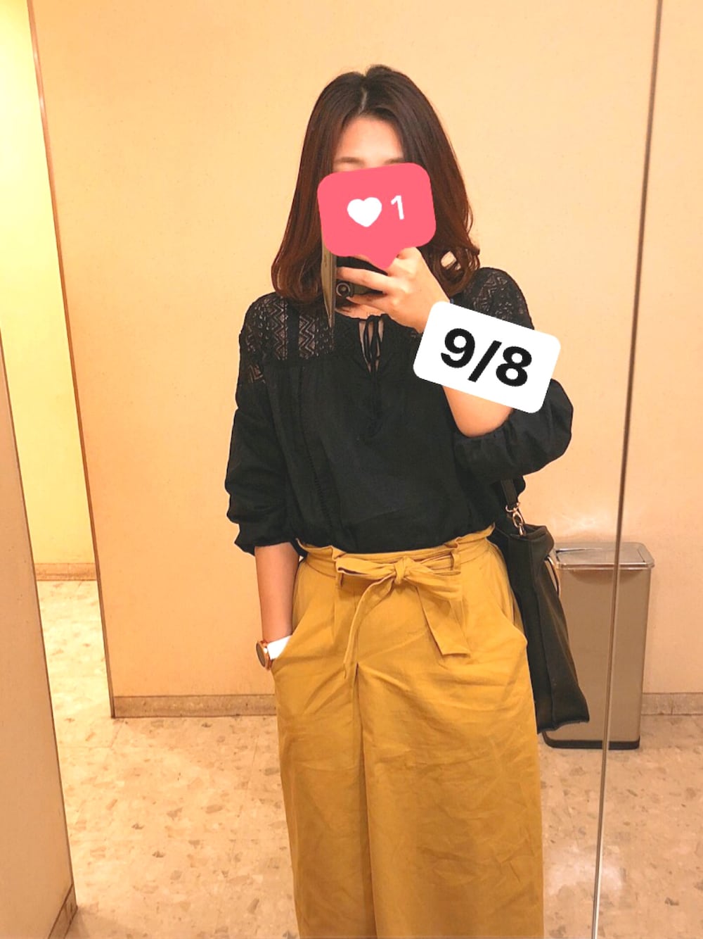 「秋服準備はじめました、秋、秋のコーデ、おしゃれさんと繋がりたい、からし色スカート、スマートウオッチ、プチプラコーデ、ボリューム袖、シンプルコーデ」｜「brand ?のアイテム（シャツ/ブラウス、ブラック系）」を使った、macoさん（レディース・164cm）の秋コーディネートの1枚目の写真