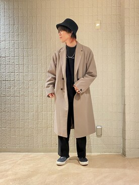 「JUNRED（ジュンレッド）のアイテム（チェスターコート）」を使った、ササキさん（メンズ・171cm）の秋コーディネート