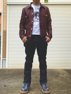 「アイテム（ライダースジャケット、レッド系）」を使った、ーＡーさん（メンズ・164cm）の秋コーディネート
