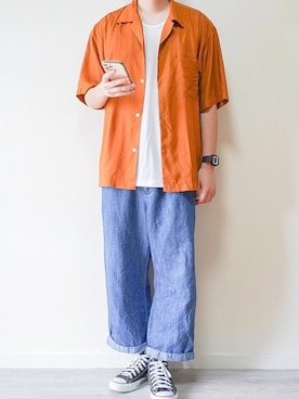 「GU（ジーユー）のアイテム（トップス、ブラウン系）」を使った、やじさん（メンズ・171cm）の夏コーディネート