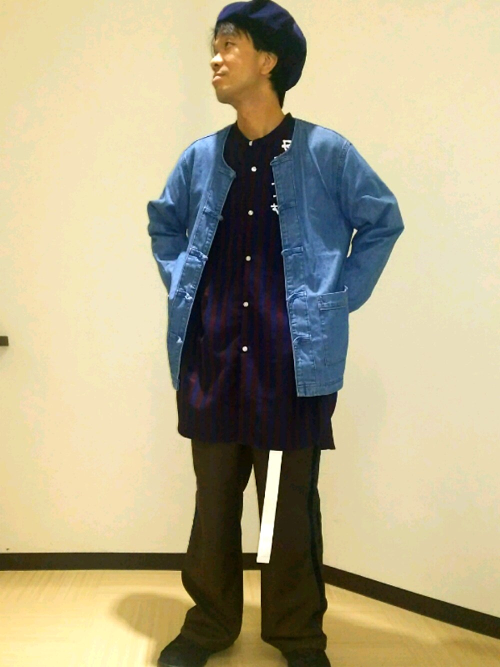 「JUNREDのアイテム（シャツ/ブラウス、パープル系）」を使った、じゅんさん（メンズ・167cm）の秋コーディネートの1枚目の写真