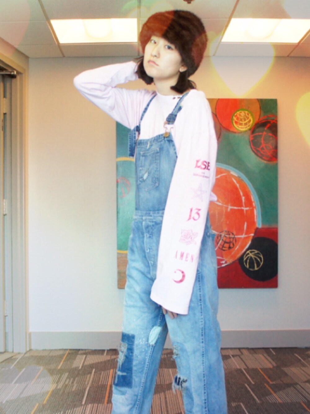 「ヴィンテージ、古着、オーバーオール、原宿、オーバーサイズ、ootd、長袖シャツ、ピンク、ふわふわ、ロシアン帽」｜「VINTAGEのアイテム（ハット、ブラウン系）」を使った、Natsuki Tanakaさん（レディース・170cm）の冬コーディネートの1枚目の写真