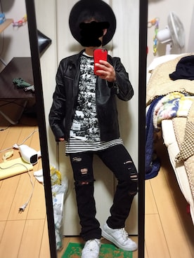 「しまむら（シマムラ）のアイテム（ライダースジャケット）」を使った、りゅうがさん（メンズ・161cm）の春コーディネート