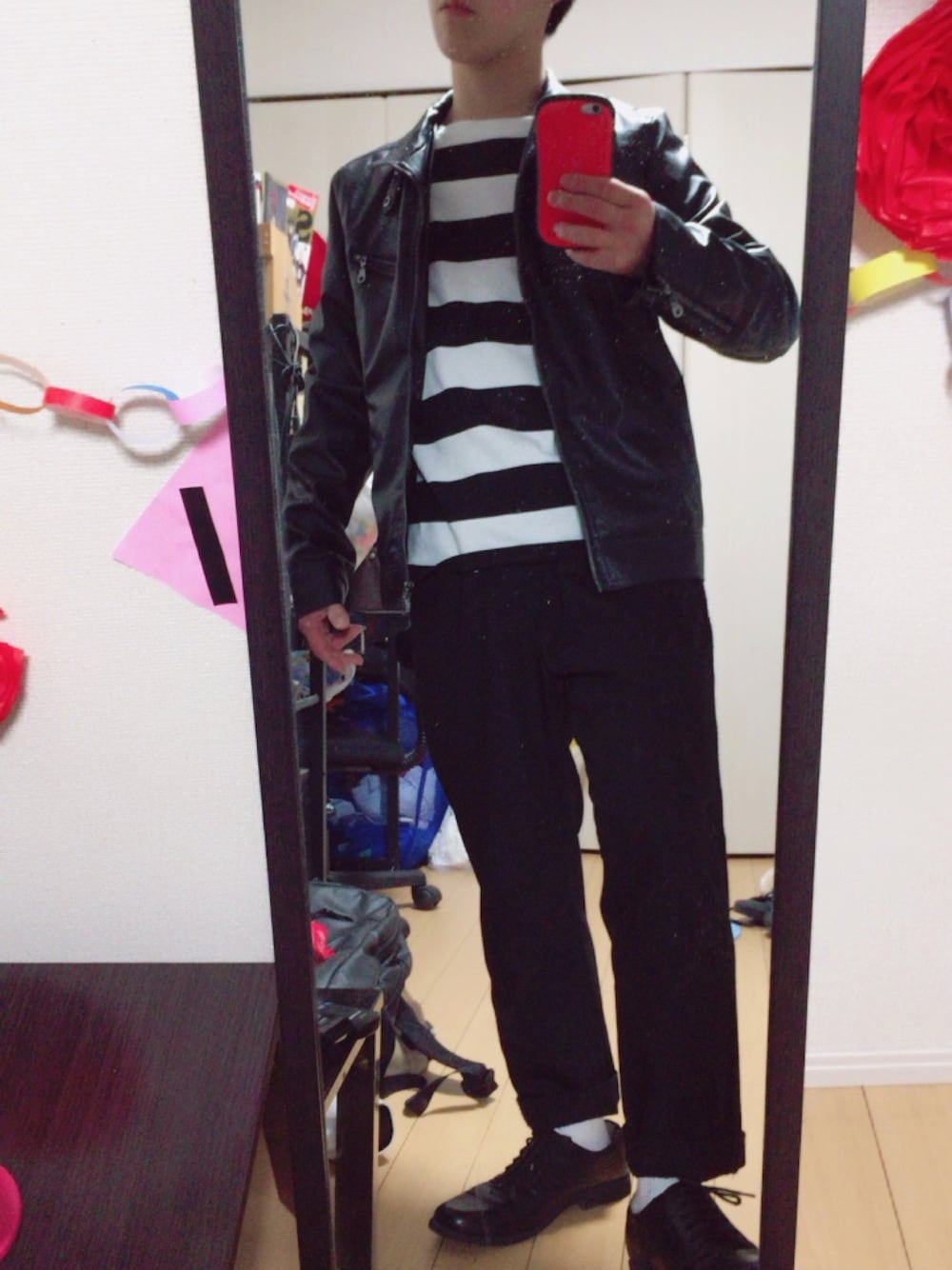 「春コーデ、ライダース」｜「WEGOのアイテム（パンツ、ブラック系）」を使った、りゅうがさん（メンズ・161cm）の春コーディネートの1枚目の写真