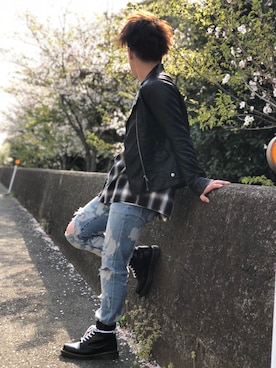 「ブリーチデニム」｜「アイテム（ライダースジャケット）」を使った、りゅうがさん（メンズ・163cm）の春コーディネート