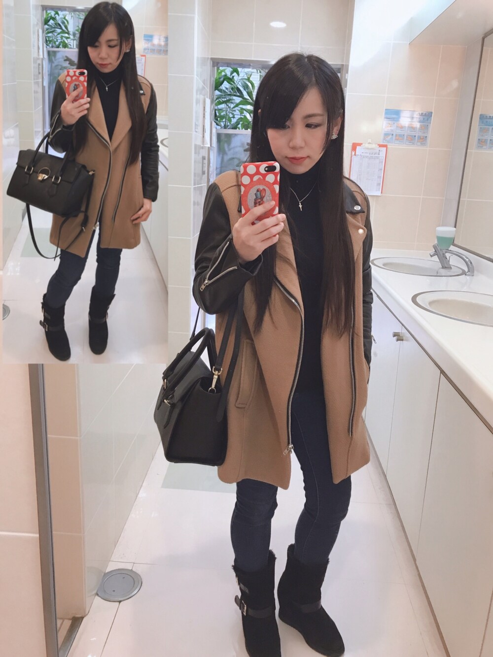 ベージュ系のライダースジャケット、ブラック系のニット/セーター、ブルー系のデニムパンツを着用したレディースの秋コーディネートの1枚目の写真