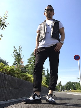 「アイテム（ライダースジャケット）」を使った、gekishinさん（メンズ・165cm・50代）の夏コーディネート