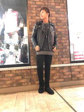 「ムートンブーツ」｜「アイテム（ライダースジャケット）」を使った、takuma97さん（メンズ・169cm）の冬コーディネート