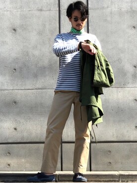 「バスクシャツ」｜「アイテム（モッズコート）」を使った、SCGさん（メンズ・178cm）の春コーディネート