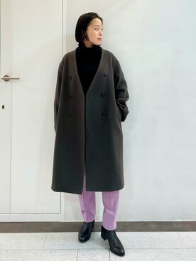 「チャコール」｜「アイテム（ノーカラーコート）」を使った、kaoriさん（レディース・153cm）の冬コーディネート