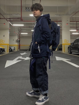 「meanswhile（ミーンズワイル）のアイテム（バックパック/リュック）」を使った、厲育涵さん（レディース・162cm）の冬コーディネート